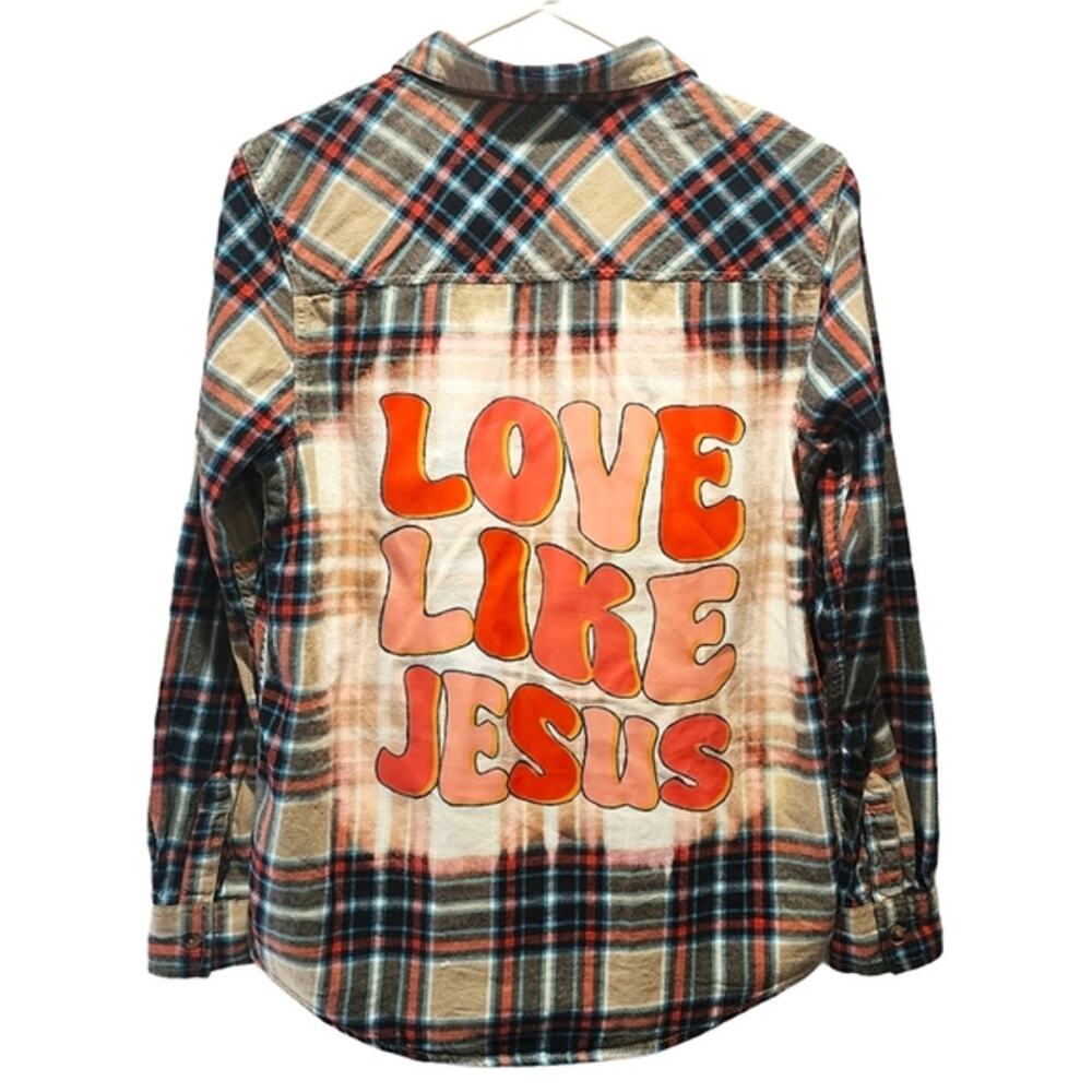 Love Like Jesus Custom Upcycled Plaid Flannel Long Sleeve Shirt, Size M